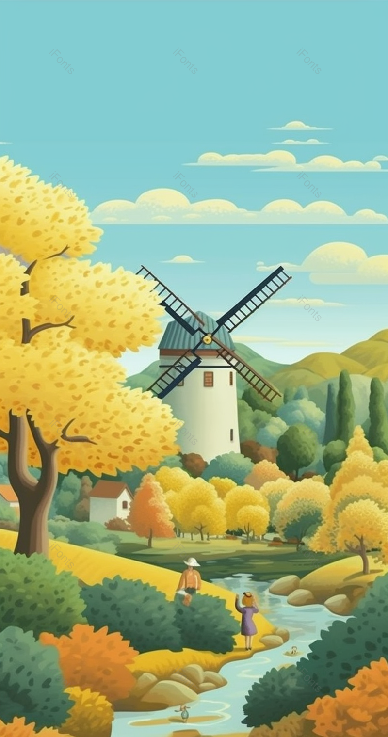 风车自然风光插画农民人物房屋树木茂盛繁荣蓝天白云飞鸟背景竖版插画,插画/手绘图,插画/手绘图库,插画/手绘图下载,插画/手绘